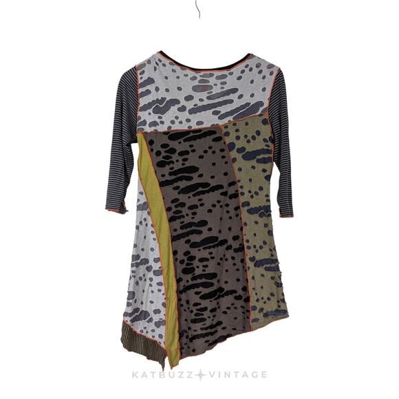 Vintage Tunic Top Patchwork Green Black Lagenlook Artsy Distressed Stripe Orange - Picture 3 of 12